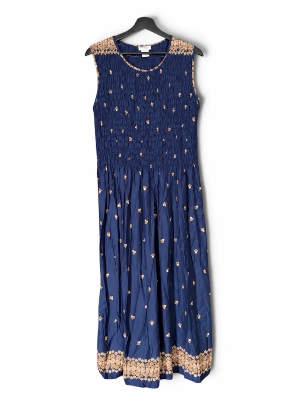 Vintage Dark Navy Sleeveless Lightweight Midi Dress With Embroidered Details,Med